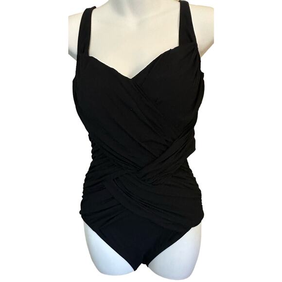 GOTTEX LATTICE SQUARE NECK ONE PIECE SWIMSUIT Black Size 8 New - Picture 1 of 6